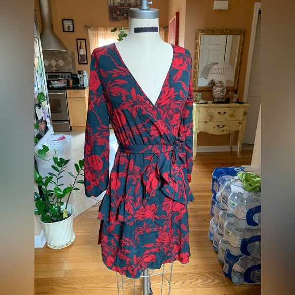 U-GUEST Women Long Sleeve V Neck Floral Mini Swing Dress w Belt Charcoal Red S - Picture 2 of 7